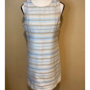 Eliza J Gold, Cream and Light‎ Blue Classic Shift Dress, Size 8P
